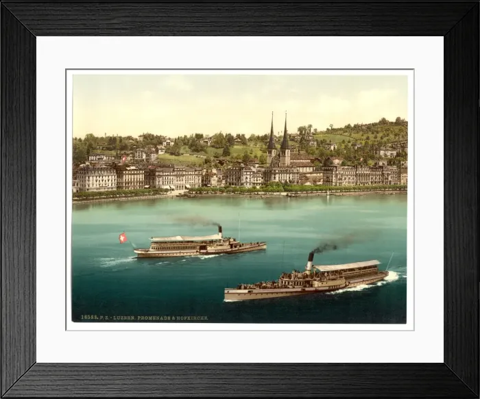 Framed Print : Promenade and cathedral, with two small steamers, Lucerne, S Framed Print : Promenade and cathedral, with two small steamers, Lucerne, S