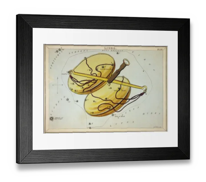 Framed Print : Libra. Astronomical chart showing a balance forming the constellation. Date 1825 Framed Print : Libra. Astronomical chart showing a balance forming the constellation. Date 1825