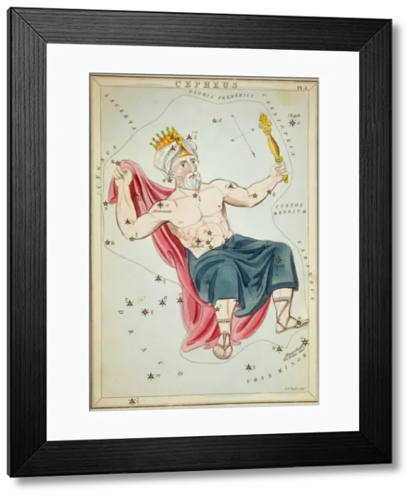 Framed Print : Cepheus. Astronomical chart showing a man in seated posture forming the constellation Framed Print : Cepheus. Astronomical chart showing a man in seated posture forming the constellation