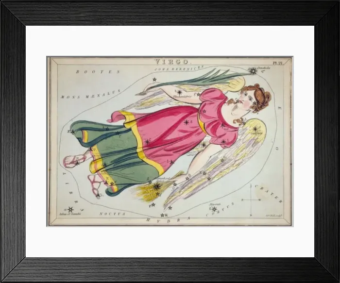 Framed Print : Virgo. Astronomical chart showing a winged virgin holding wheat in her left hand Framed Print : Virgo. Astronomical chart showing a winged virgin holding wheat in her left hand