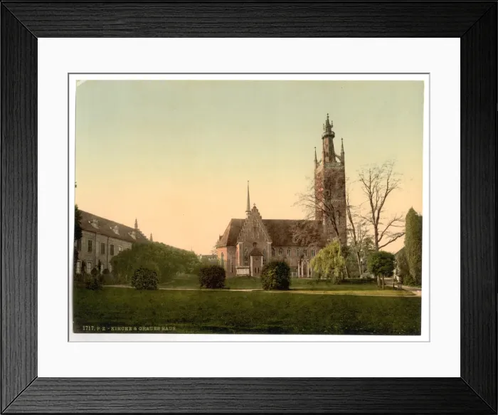 Framed Print : Church and Grey House, park of Worlitz, Anhalt, Germany Framed Print : Church and Grey House, park of Worlitz, Anhalt, Germany