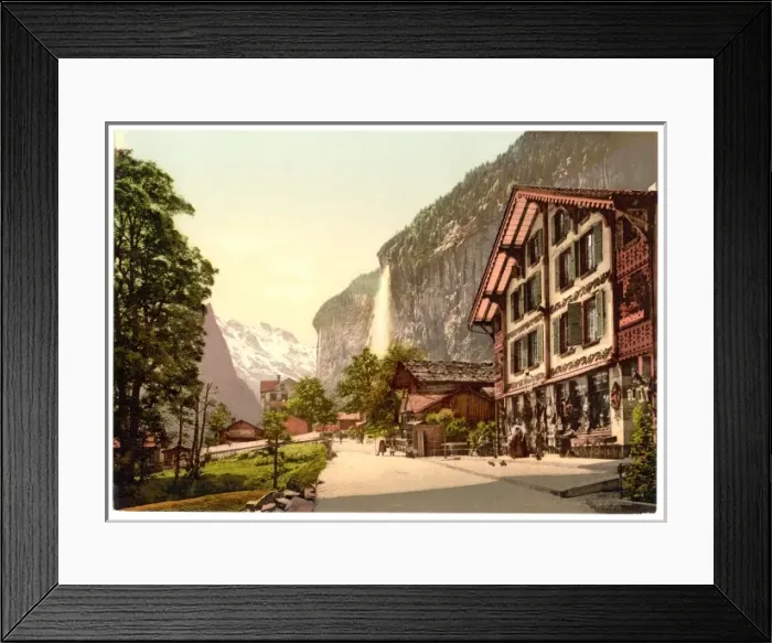 Framed Print : Lauterbrunnen Valley, street view with Staubbach Waterfall