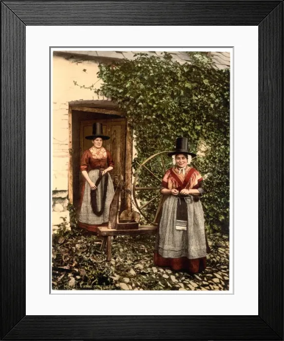 Framed Print : Welsh spinners and spinning wheel, Wales Framed Print : Welsh spinners and spinning wheel, Wales