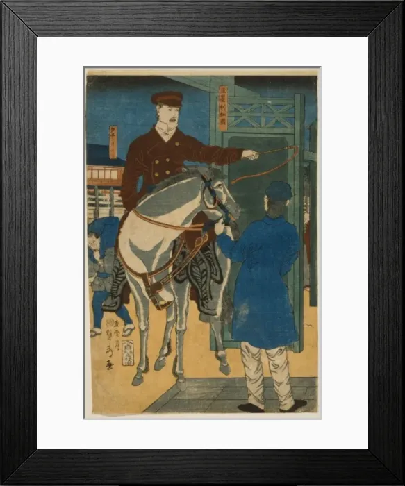 Framed Print : America. Japanese print shows an American man on horseback gesturing to Framed Print : America. Japanese print shows an American man on horseback gesturing to