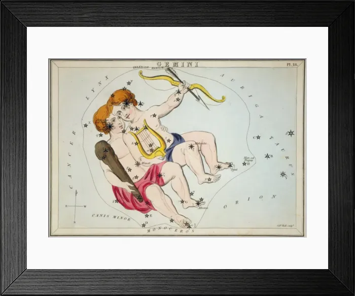 Framed Print : Gemini. Astronomical chart showing the twins Castor and Pollux forming the constellation Framed Print : Gemini. Astronomical chart showing the twins Castor and Pollux forming the constellation