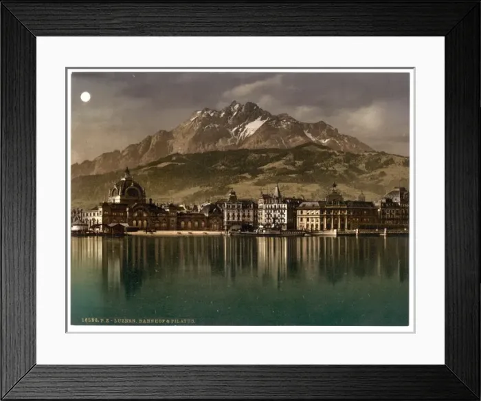 Framed Print : Railway station and Pilatus by moonlight, Lucerne, Switzerla Framed Print : Railway station and Pilatus by moonlight, Lucerne, Switzerla
