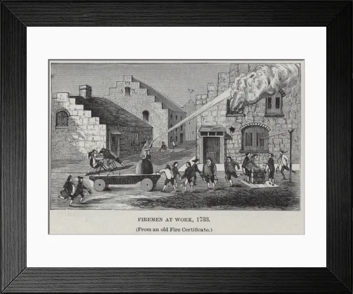 Framed Print : Firemen at work, 1733 (From an old Fire Certificate) Framed Print : Firemen at work, 1733 (From an old Fire Certificate)