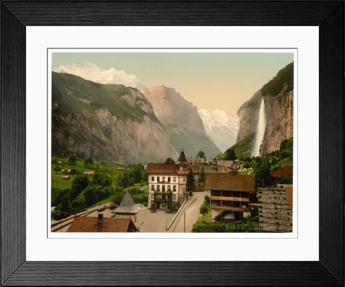 Framed Print : Lauterbrunnen Valley with Staubbach and Hotel Steinbock, Ber Framed Print : Lauterbrunnen Valley with Staubbach and Hotel Steinbock, Ber