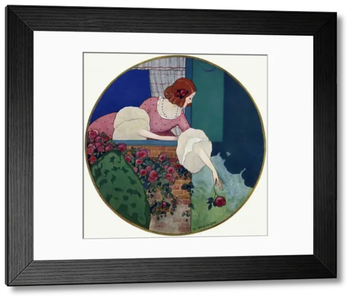 Framed Print : Woman leaning out of window with rose Framed Print : Woman leaning out of window with rose