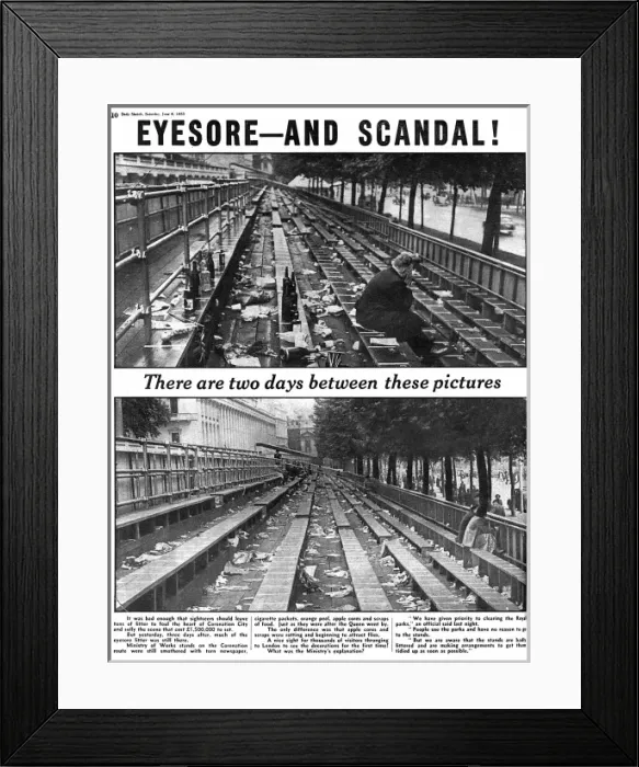 Framed Print : 1953 Coronation - Rubbish in the stands after crowds had lef Framed Print : 1953 Coronation - Rubbish in the stands after crowds had lef