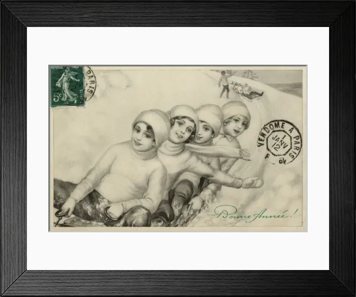 Framed Print : Four young girls tobogganing Framed Print : Four young girls tobogganing