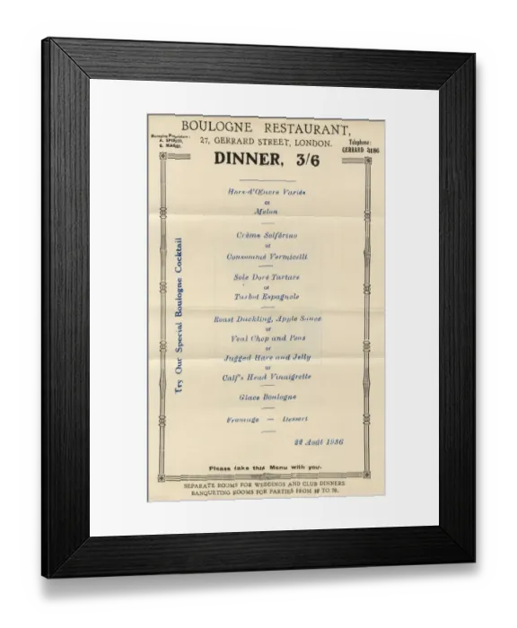 Framed Print : Boulogne Restaurant Dinner Menu - Gerrard Street, London Framed Print : Boulogne Restaurant Dinner Menu - Gerrard Street, London