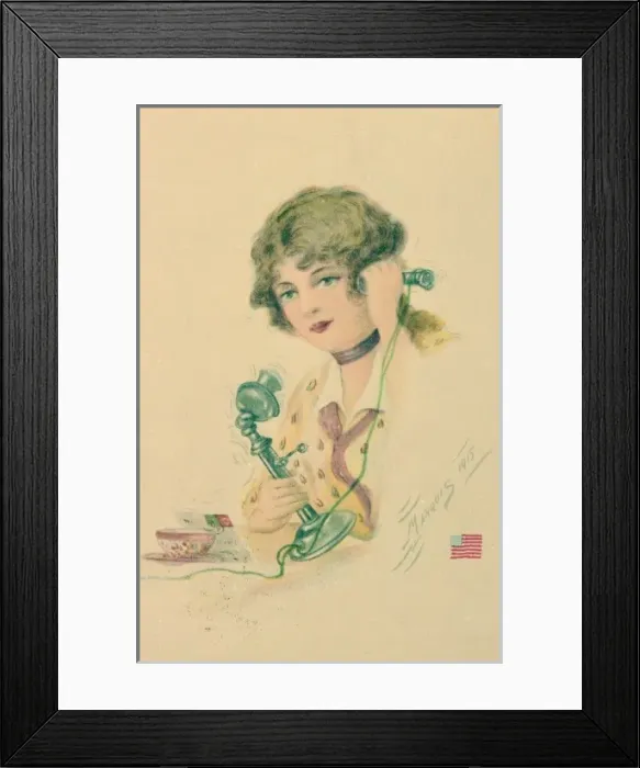 Framed Print : Talking on the telephone, postcard Framed Print : Talking on the telephone, postcard