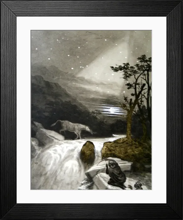 Framed Print : Landscape with stream, stars and hunters Framed Print : Landscape with stream, stars and hunters