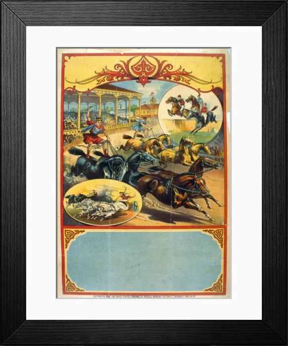 Framed Print : Advertising poster showing two men in classical dress riding Framed Print : Advertising poster showing two men in classical dress riding