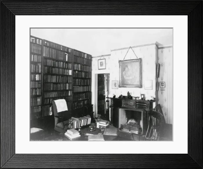 Framed Print : Emersons study showing shelves of books, fireplace and desk Framed Print : Emersons study showing shelves of books, fireplace and desk