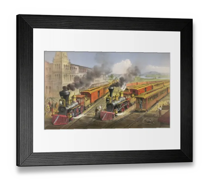Framed Print : American railroad scene: lightning express trains leaving th Framed Print : American railroad scene: lightning express trains leaving th