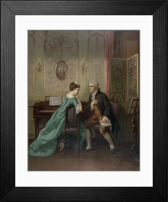 Framed Print : Proposal. Man proposing to woman seated at keyboard instrument. Date c1873 Framed Print : Proposal. Man proposing to woman seated at keyboard instrument. Date c1873