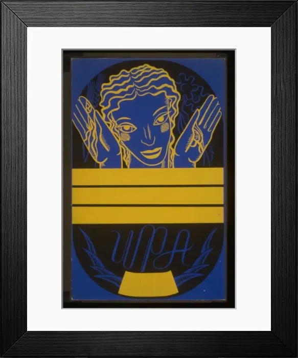 Framed Print : WPA poster design on blue background showing the head and ha Framed Print : WPA poster design on blue background showing the head and ha