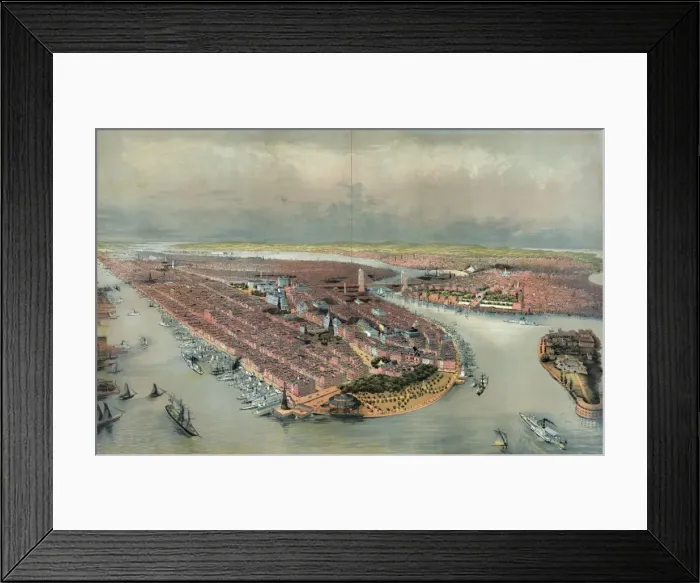 Framed Print : New York. Bird s-eye view of New York showing the waterfront Framed Print : New York. Bird s-eye view of New York showing the waterfront