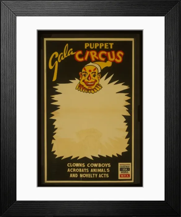 Framed Print : Gala puppet circus Clowns, cowboys, acrobats, animals, and n Framed Print : Gala puppet circus Clowns, cowboys, acrobats, animals, and n