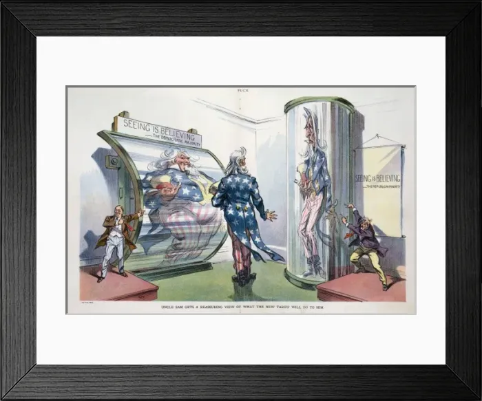 Framed Print : Uncle Sam gets a reassuring view of what the new tariff will Framed Print : Uncle Sam gets a reassuring view of what the new tariff will