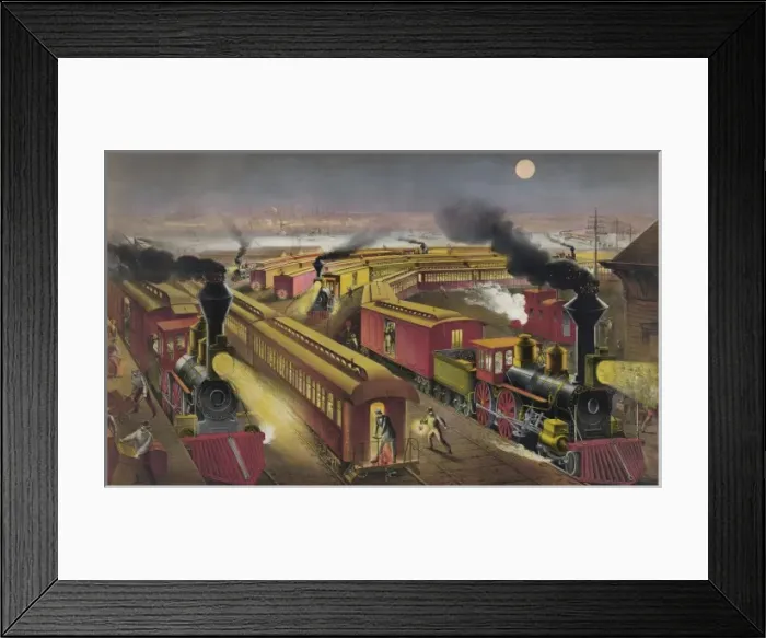 Framed Print : Night scene at an American railway junction: Lightning Expre Framed Print : Night scene at an American railway junction: Lightning Expre