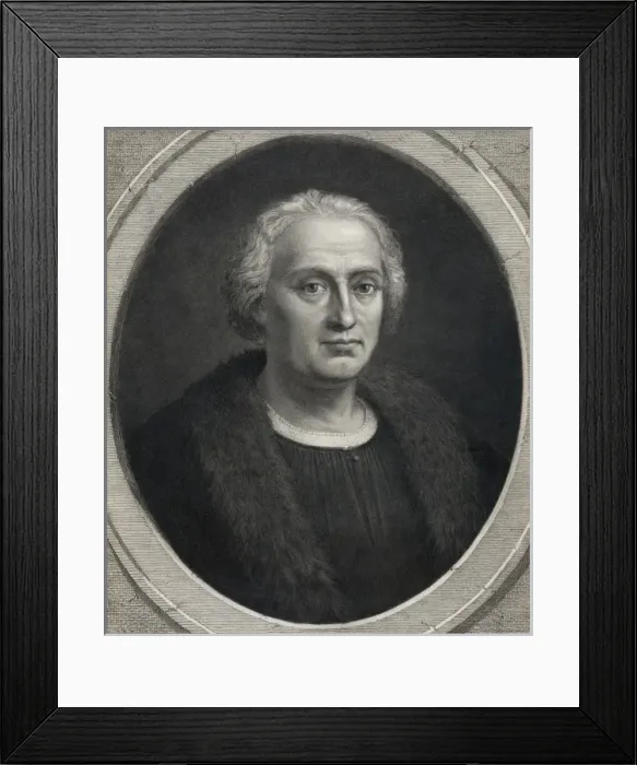 Framed Print : Christopher Columbus, bust portrait, facing right, in medall Framed Print : Christopher Columbus, bust portrait, facing right, in medall