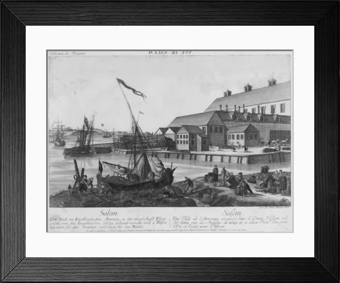 Framed Print : Print shows people working along shore and wharf on the wate Framed Print : Print shows people working along shore and wharf on the wate