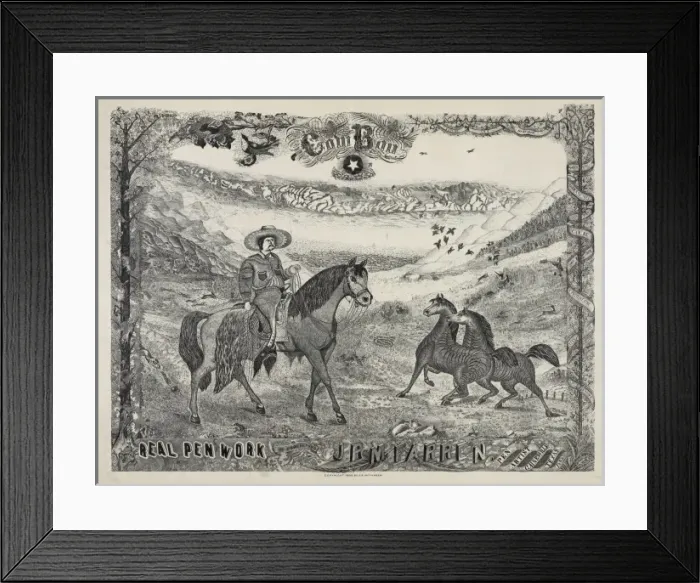 Framed Print : Cowboy. Cowboy on horseback and two other horses in foreground Framed Print : Cowboy. Cowboy on horseback and two other horses in foreground