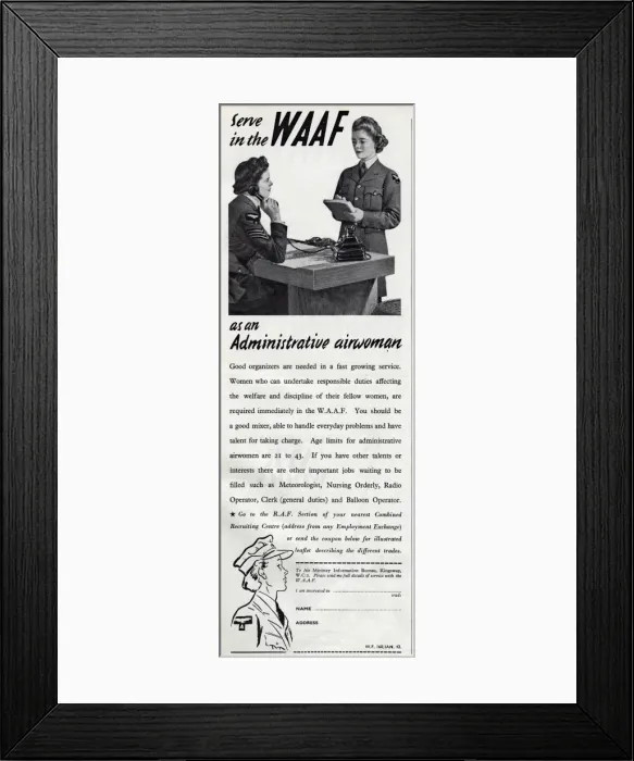 Framed Print : Advert for recruiting women for the WaF 1942 Framed Print : Advert for recruiting women for the WaF 1942