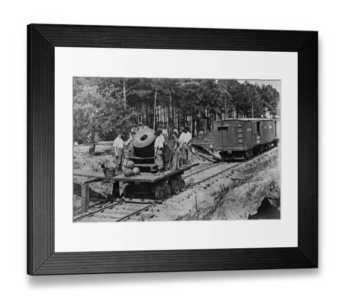 Framed Print : Soldiers with cannon on small railroad car Framed Print : Soldiers with cannon on small railroad car