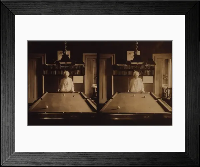 Framed Print : Samuel Clemens, half-length portrait, standing at end of poo Framed Print : Samuel Clemens, half-length portrait, standing at end of poo