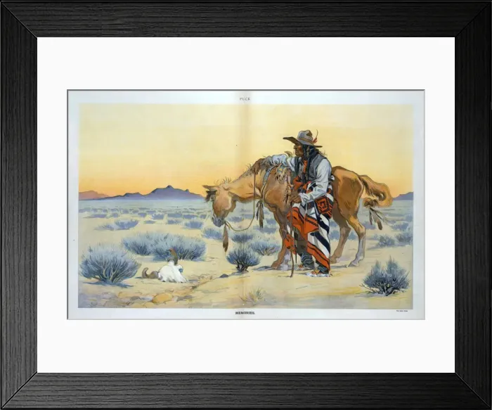 Framed Print : Memories. Illustration shows an elderly Native man standing with his horse Framed Print : Memories. Illustration shows an elderly Native man standing with his horse