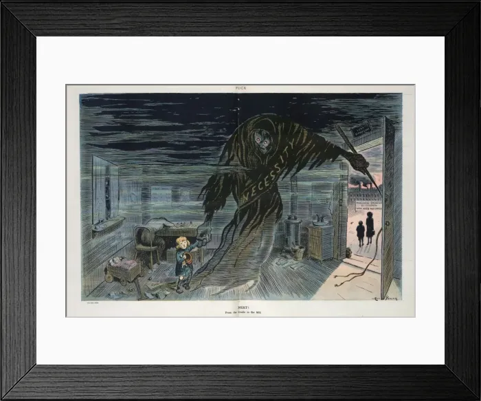 Framed Print : Next!. Illustration shows a large ghoul wearing a dark shroud labeled Necessity Framed Print : Next!. Illustration shows a large ghoul wearing a dark shroud labeled Necessity