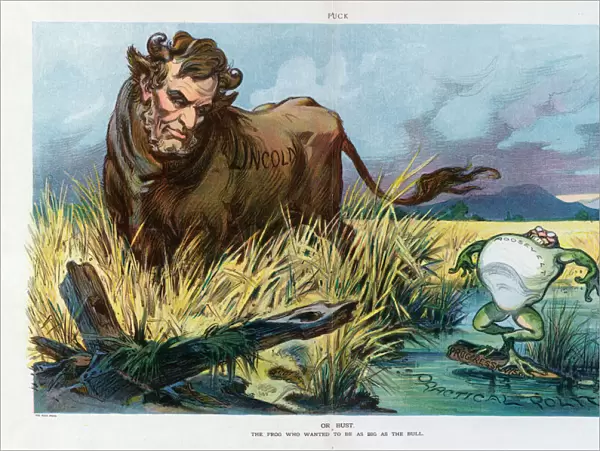 Or bust. Illustration shows a large bull labeled Lincoln with the head of Abraham Lincoln