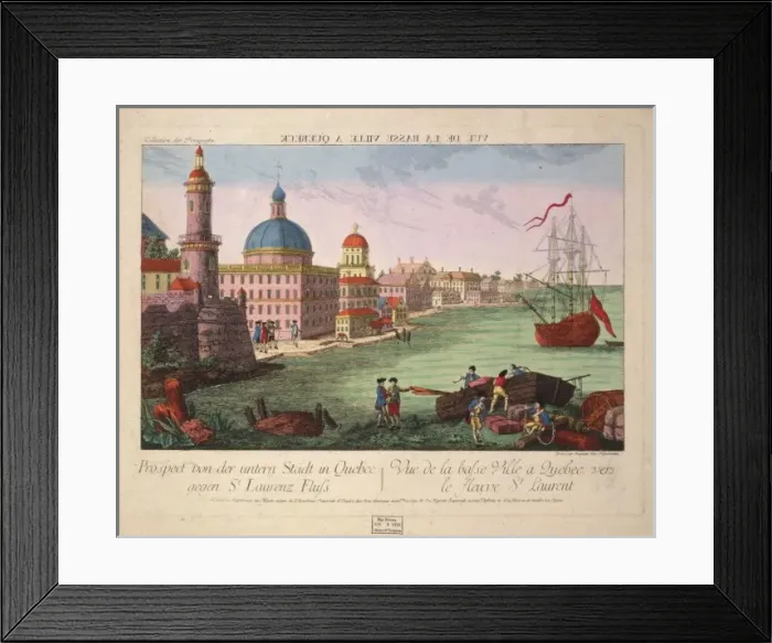 Framed Print : Print shows the harbor at Quebec, one ship at anchor, men wo Framed Print : Print shows the harbor at Quebec, one ship at anchor, men wo