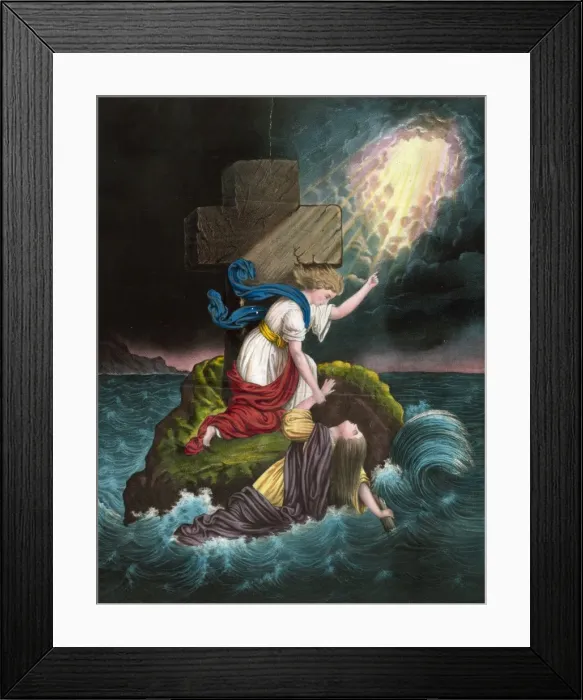 Framed Print : Hope. Print shows a drowning woman being pulled Framed Print : Hope. Print shows a drowning woman being pulled