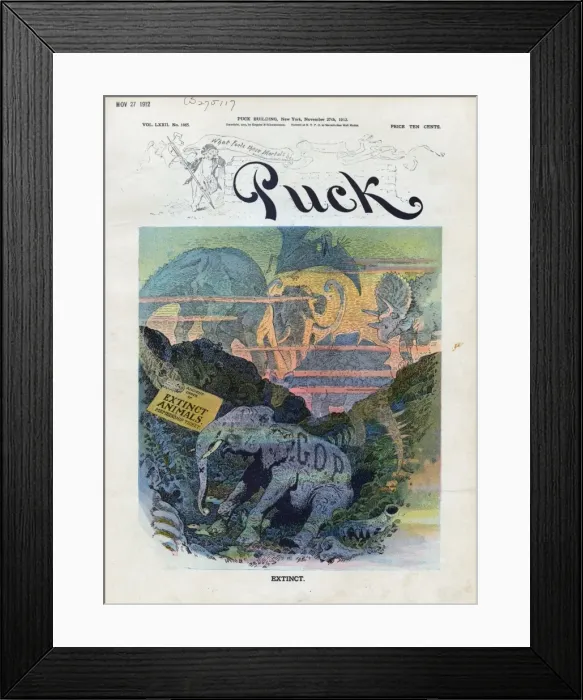 Framed Print : Extinct. Illustration shows the Republican elephant among the bones Framed Print : Extinct. Illustration shows the Republican elephant among the bones