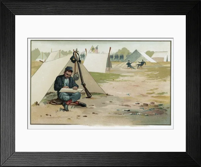 Framed Print : Union soldier making a drawing while sitting in front of ten Framed Print : Union soldier making a drawing while sitting in front of ten