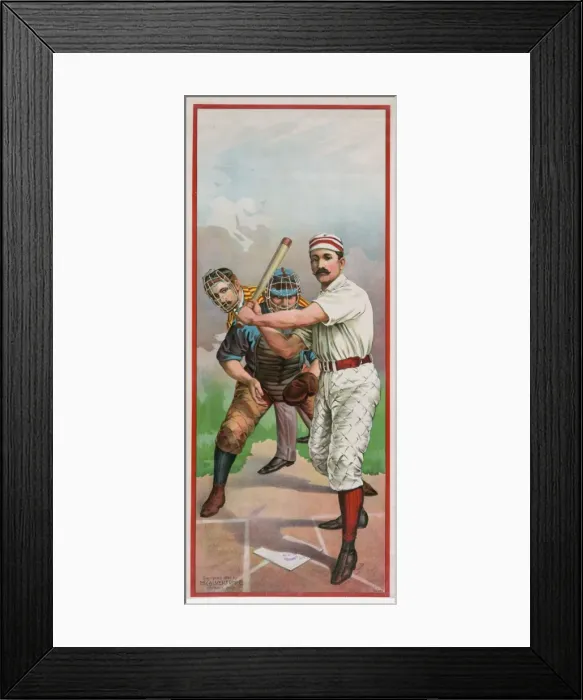 Framed Print : Baseball player at bat, in front of catcher and umpire Framed Print : Baseball player at bat, in front of catcher and umpire