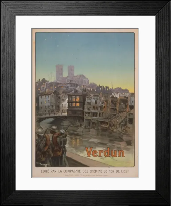 Framed Print : Verdun. Translation of title: Soldiers marching beside a river Framed Print : Verdun. Translation of title: Soldiers marching beside a river