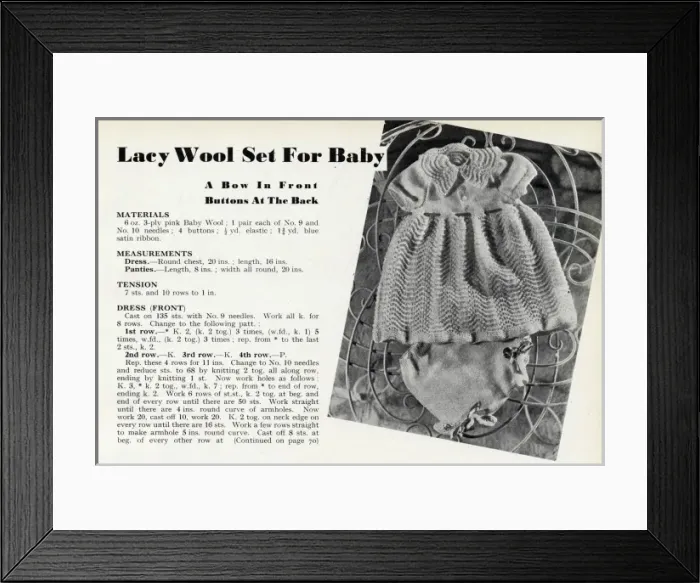 Framed Print : Knitting pattern for a baby 1941 Framed Print : Knitting pattern for a baby 1941