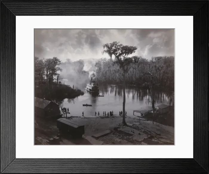 Framed Print : Steamboat approaching dock, view from the Morgan house, Silv Framed Print : Steamboat approaching dock, view from the Morgan house, Silv