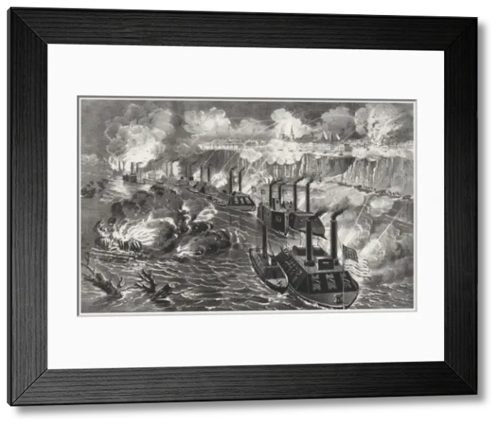 Framed Print : Admiral Porters fleet running the rebel blockade of the Mis Framed Print : Admiral Porters fleet running the rebel blockade of the Mis