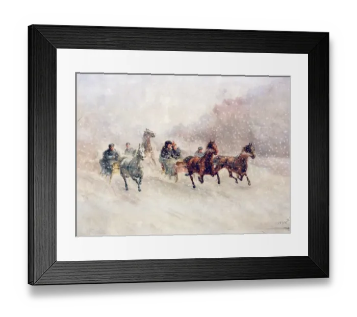Framed Print : Sleighs pulled by horses running through snow Framed Print : Sleighs pulled by horses running through snow