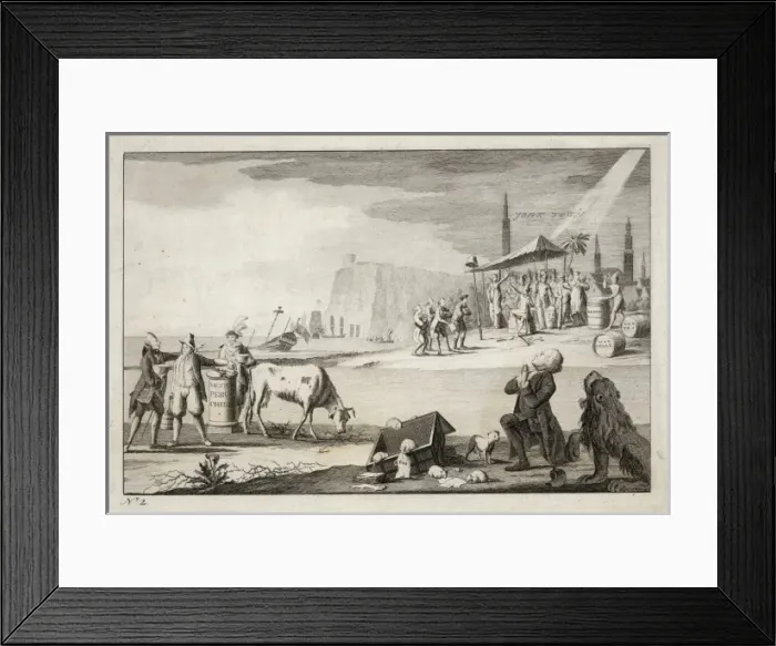 Framed Print : York town. Cartoon shows America receiving the surrender of Cornwallis in the background Framed Print : York town. Cartoon shows America receiving the surrender of Cornwallis in the background