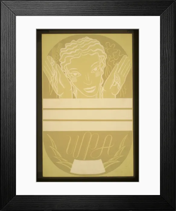 Framed Print : WPA poster design showing the head and hands of a woman hold Framed Print : WPA poster design showing the head and hands of a woman hold