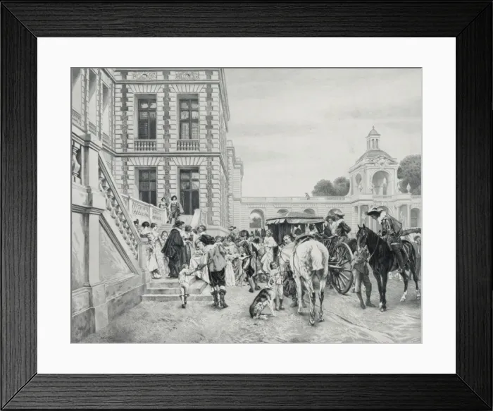 Framed Print : Group of travelers being welcomed in the forecourt of a larg Framed Print : Group of travelers being welcomed in the forecourt of a larg