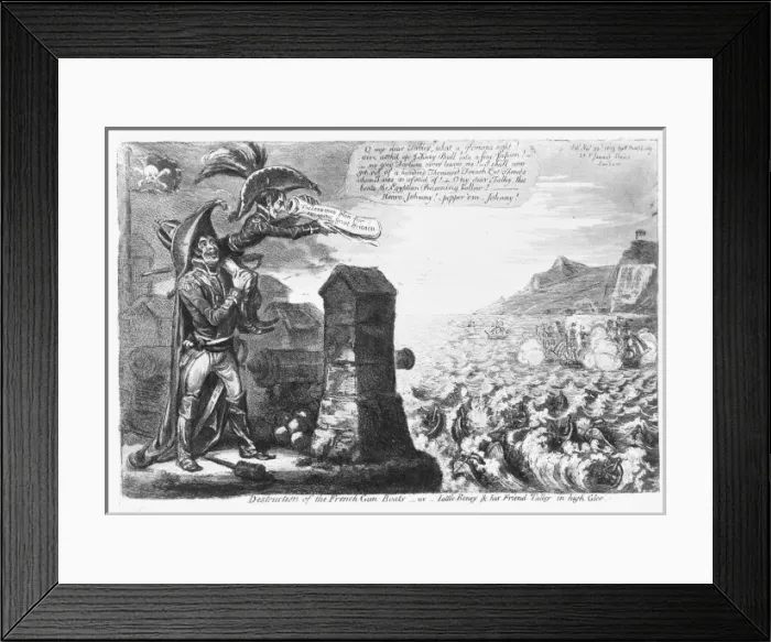 Framed Print : Destruction of the French gun-boats-or-Little Boney & his fr Framed Print : Destruction of the French gun-boats-or-Little Boney & his fr